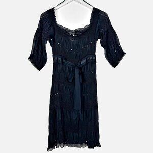 ABS Allen Schwartz Sheer Dress Women's M Black Smocked Sequin Accent Vintage Y2K